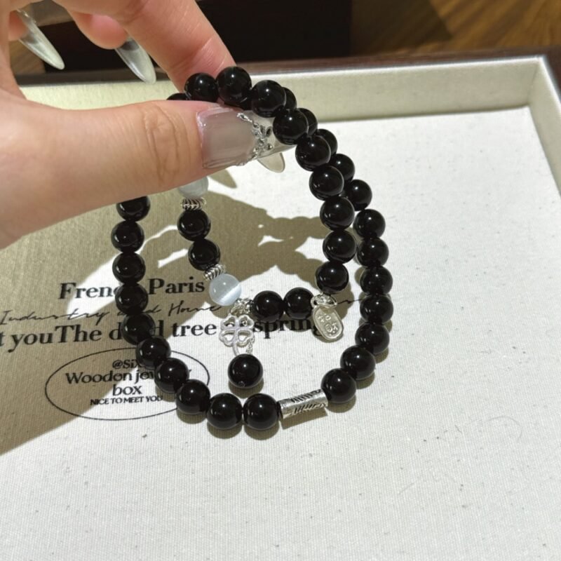 Obsidian and gypsum bead bracelet